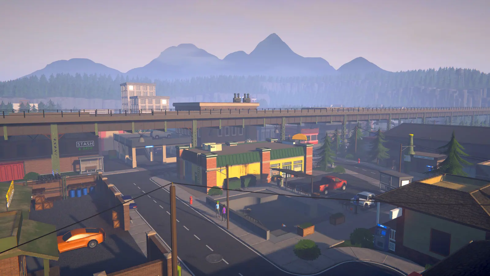 An elevated view over Hyland Point at dusk: an overpass, small shops including one signed “Stash & Dash”, parked cars and forested mountains behind.
