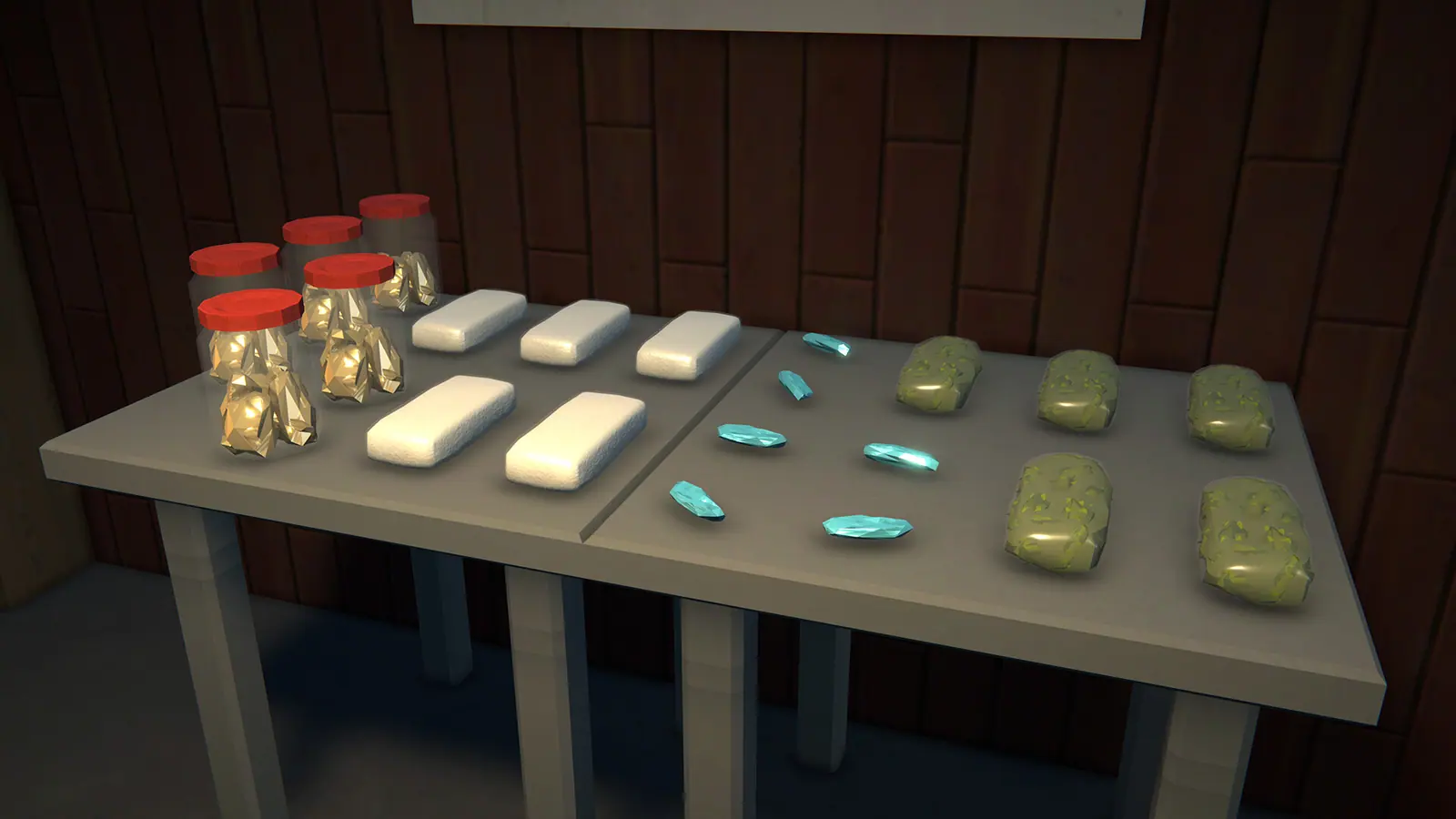 A table displaying the game’s product types: jars of golden buds, white pressed bricks, blue crystal shards and green cannabis nugs.