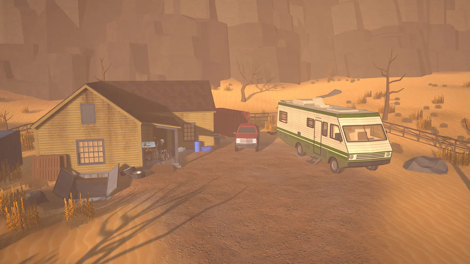 A yellow farmhouse and a green-striped RV parked on sand at sunset, with an NPC in a wheelchair on the porch and cliffs behind.